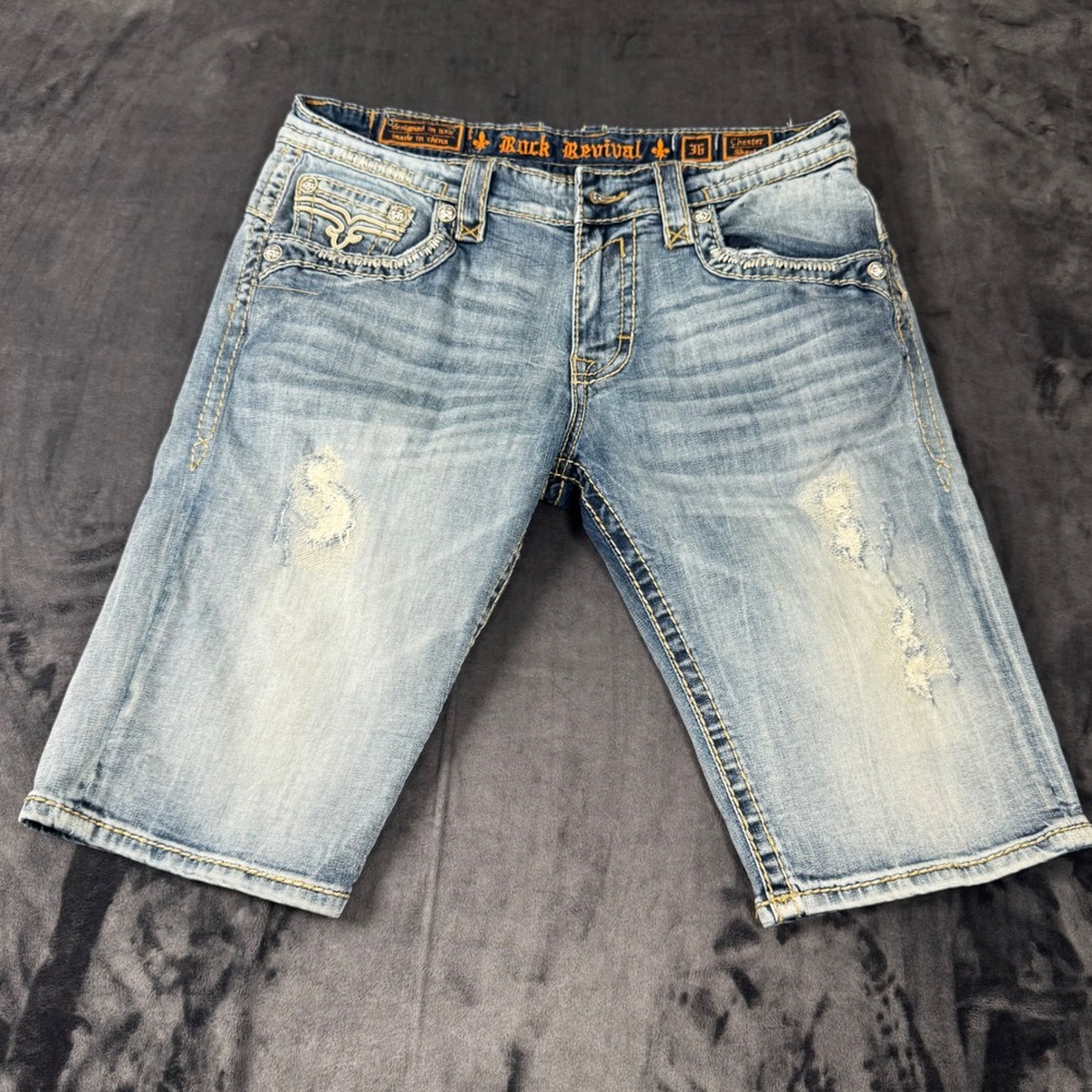 Rock Revival Denim Shorts Mens 36 Blue Chester H2 Distressed E8943H2